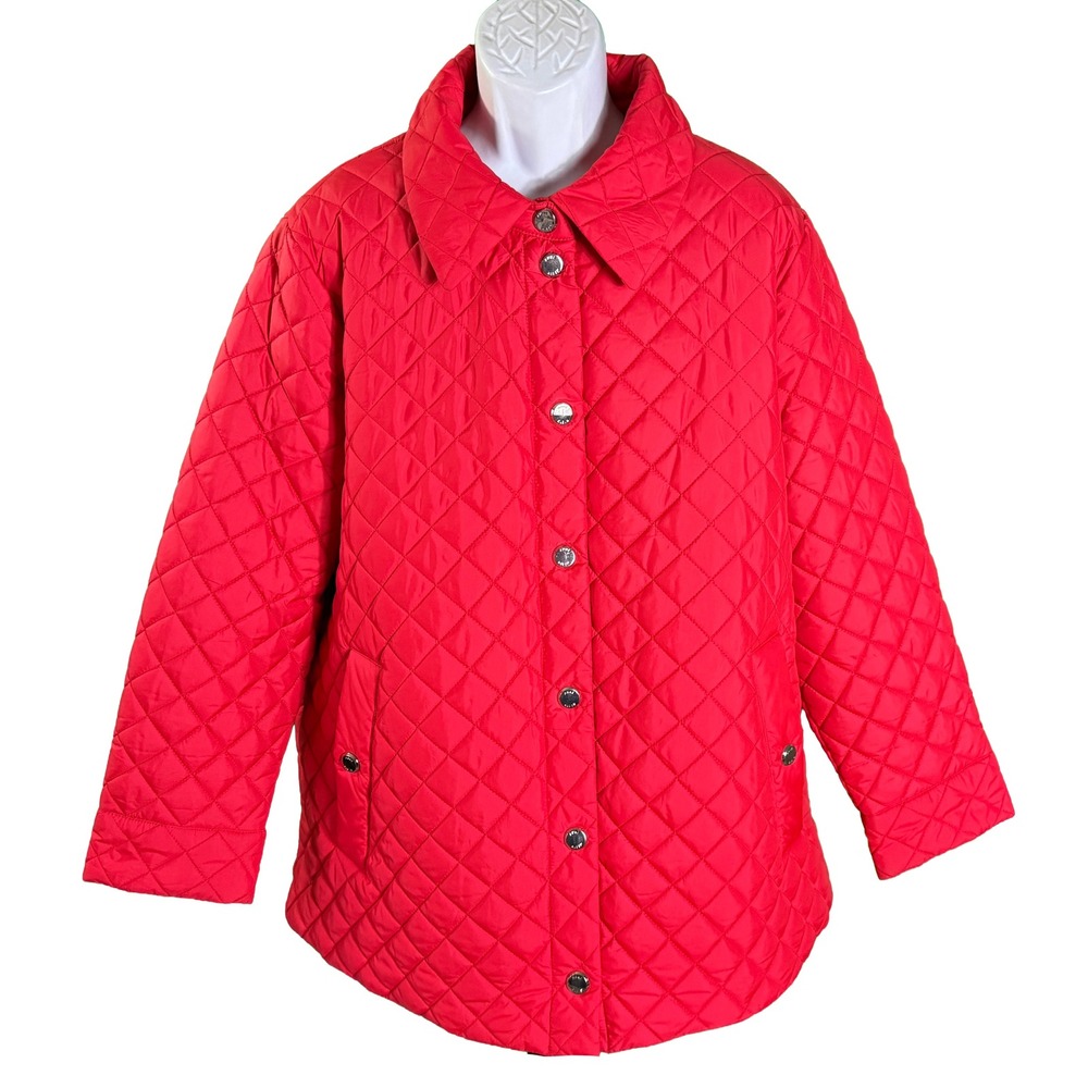 Anne Klein Quilted Jacket Womens XXL Red Snap Front Diamond Pattern Coat